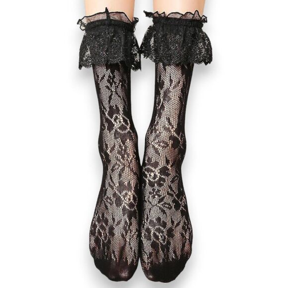 Black Lace Ruffle Topper Stockings Ankle Socks - NEW - Picture 3 of 3